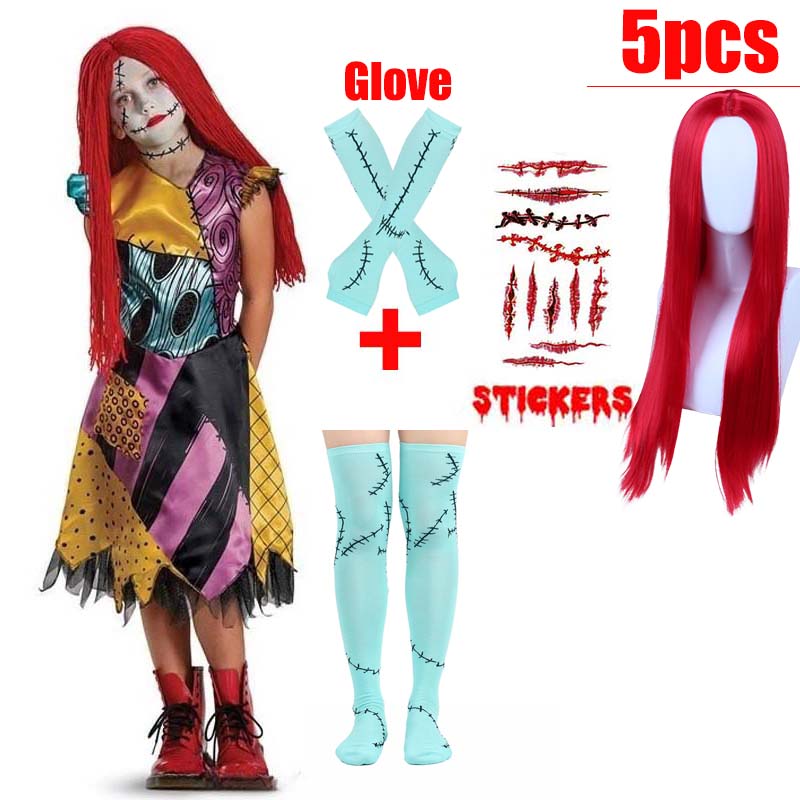 Kids Girls Boys Cosplay Christmas Eve Scary Ghost Bride Sally Skeleton Jack Dress Striped Halloween Character Dress Up Costume
