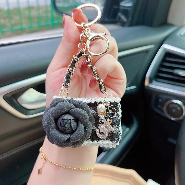 Fashion Camellia Mobile Bag Model Car Keychain Pendant Metal Car Hanging Decoration Accessories Bag Ornamen Gift Women