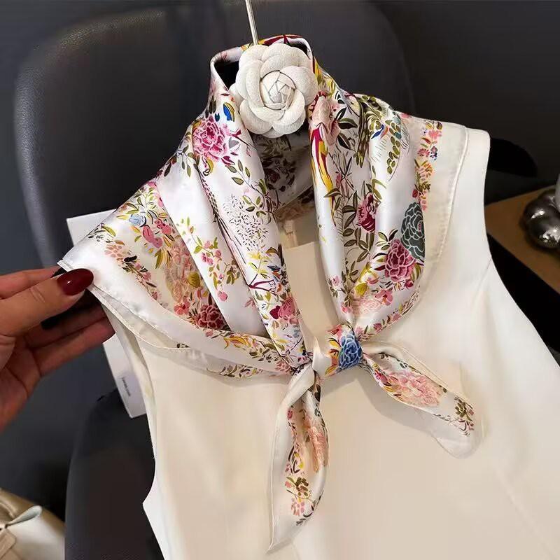 70x70cm Lightweight Cotton Silk Square Scarf With Boho Floral Print Breathable Neck Wrap Women