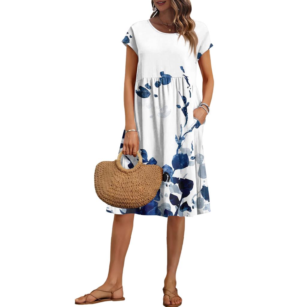 Women's Summer Fashion Casual Round Neck Short Sleeve Floral Print Dress