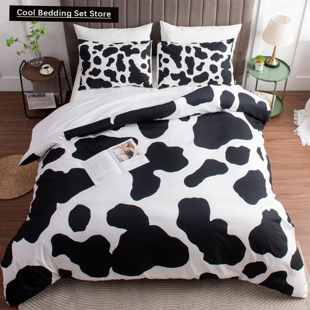 Milk Cow King Queen Duvet Cover Pink White Cartoon Animal Strawberry Bedding Set for Kids Boys Girls Cow Print Soft Quilt Cover