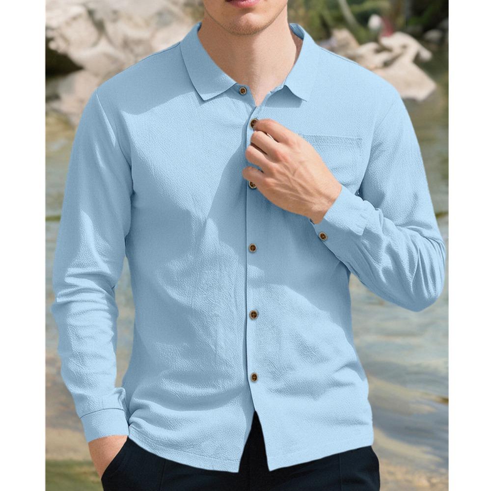 Soft and Comfortable Men's Collar Pocket Solid Color Button Up Cardigan Long Sleeved Linen Top Suitable for Daily Leisure