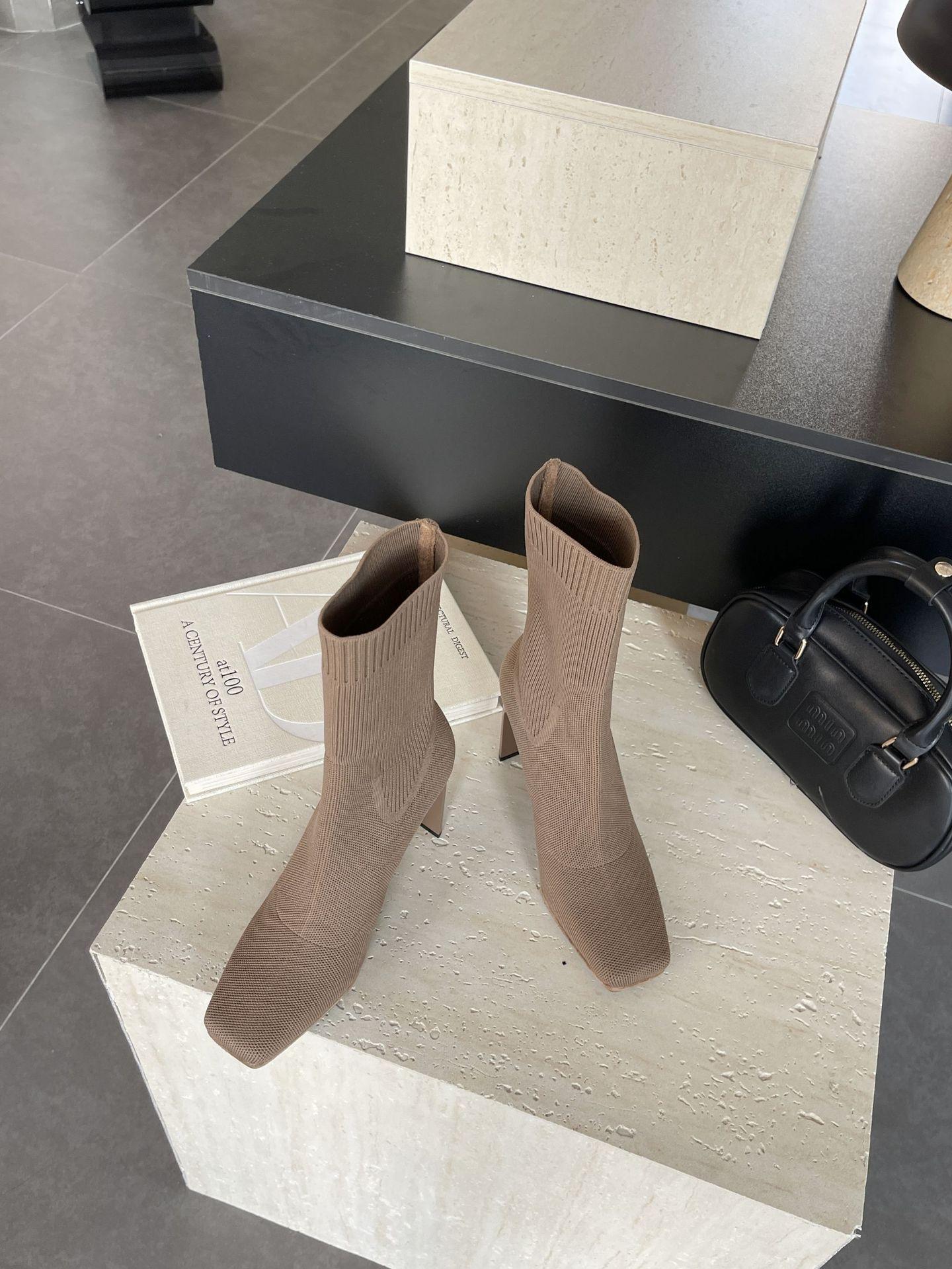 

Square head thick heel high heel socks boots women s autumn and winter 2025 new knitted elastic boots slim medium tube wool boots women 39