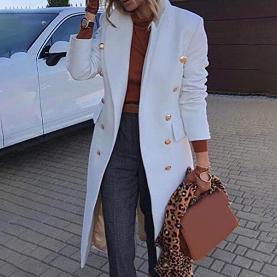 Wool Coat Slim Fit Solid Color Autumn Winter Turn-Down Collar Women Overcoat