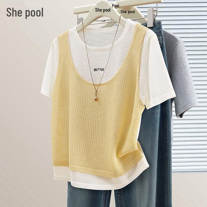 Women s Layered Ice Silk Knit Round Neck Short Sleeve T-Shirt One Size