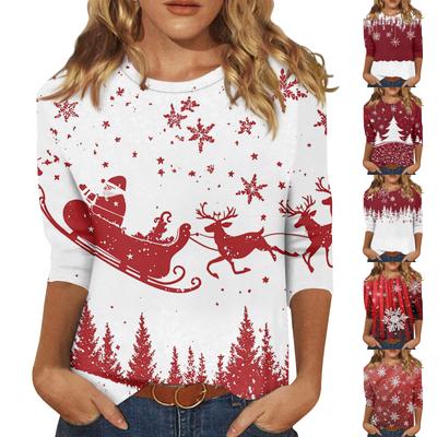 Moda feminina casual gola redonda manga 3/4 solta estampa camiseta feminina top