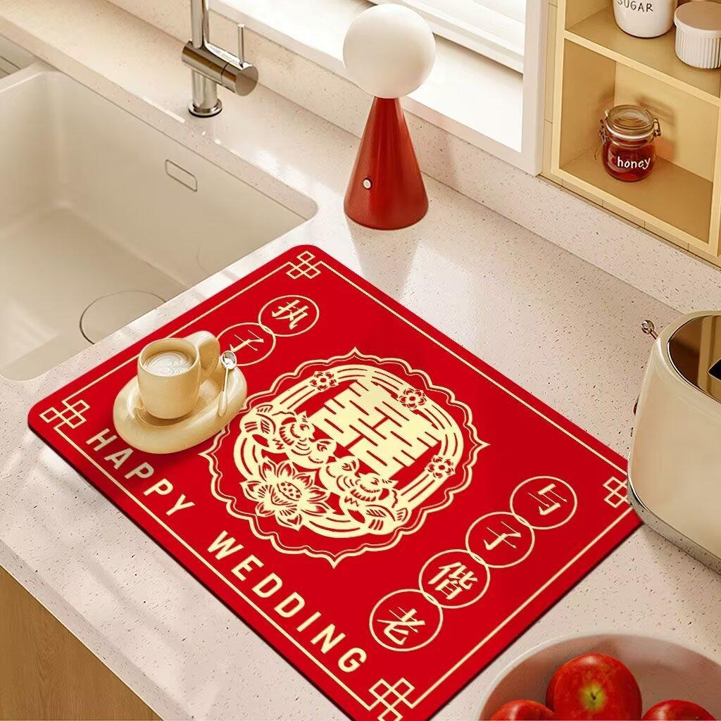Wedding Drain Mat Red Festive Absorbent Soiled Mat Wash Table Technology Velvet Absorbent Coaster Bowl Mat