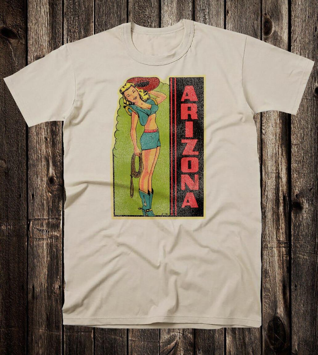 Retro Travel Tee T Shirt Vtg Cowgirl Art Tourist Arizona State Pin Up Girl L