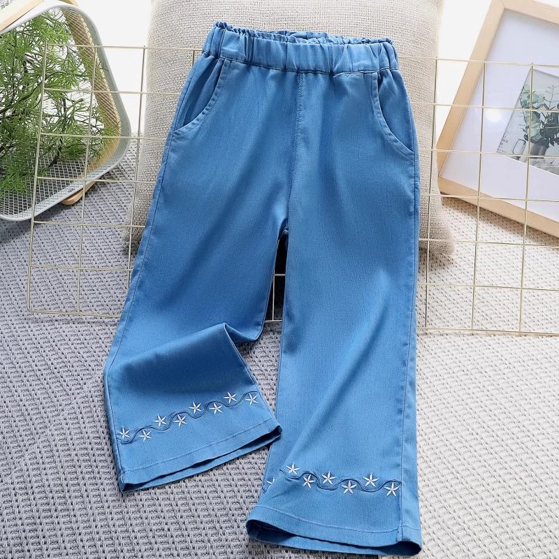Girls Tencel Jeans Loose Thin Summer Embroidered Flared Pants Embroidered Versatile Casual Ice Silk Mosquito Proof Pants 150 светло-синий