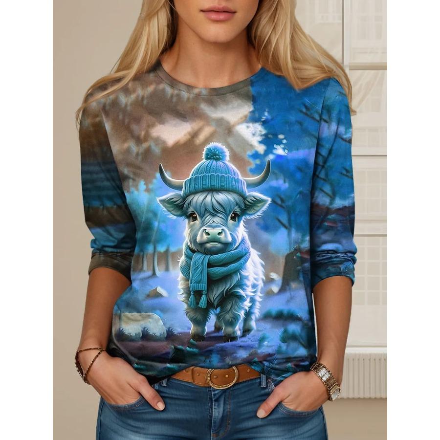 New Women's T Shirt 3D Print Kawaii Animal Graphics Long Sleeve Funny Crew Neck Regular Fit Spring/Fall Thin Style Sweatshirt