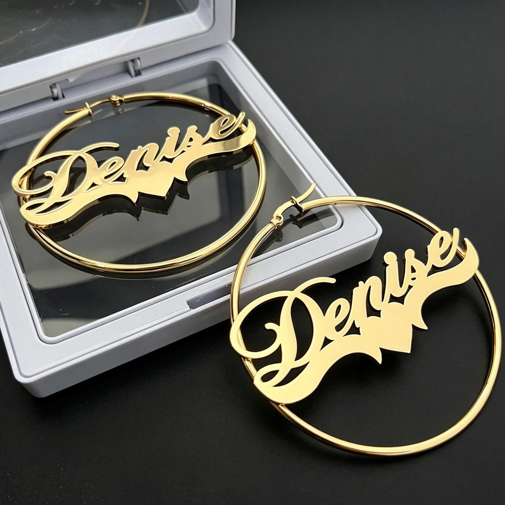 Stainless Steel Custom Personalized Name Hoop Earrings 18K Gold Plated Large Nameplate Jewelry for Women Girls Moms Gifts