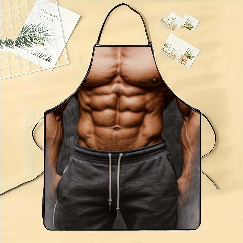 1pc Funny Novelty 3D Muscle Man Print Cooking Apron, Adjustable Kitchen Bib Apron for Home BBQ Party Gift