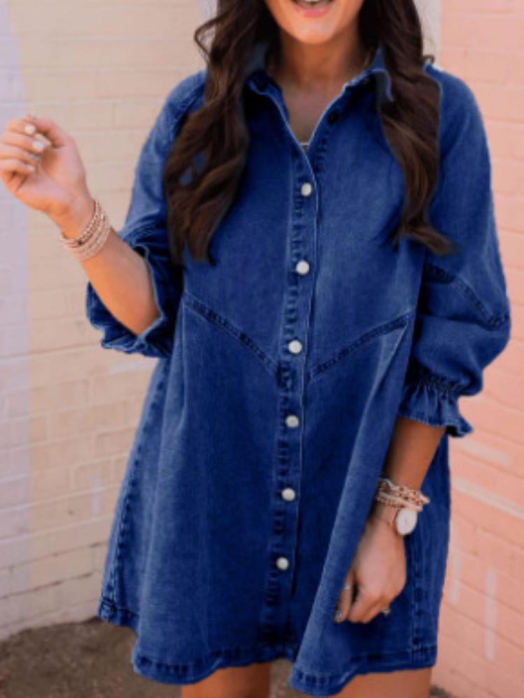 

Жіноча світло-блакитна джинсова сукня-сорочка з білими ґудзиками, довгим рукавом, рукавами з рюшами, повсякденний стильний наряд 3XL темно-синього кольору