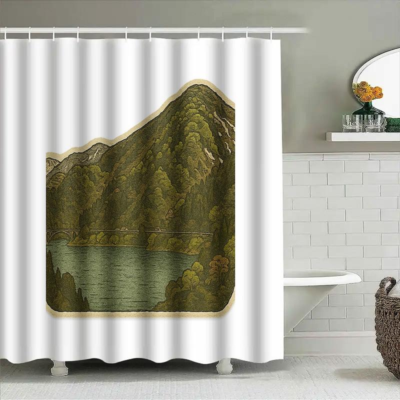 Vintage Landscape Shower Curtain Rustic Mountain Lake Nature Backdrop Bathroom Decor Farmhouse Scenic Wall Hanging Artistic Room