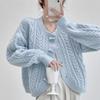 Cárdigan de Punto Trenzado con Botón de Cuerno Abrigo Otoño Invierno Corto Holgado Cuello Redondo Perezoso Top Suéter