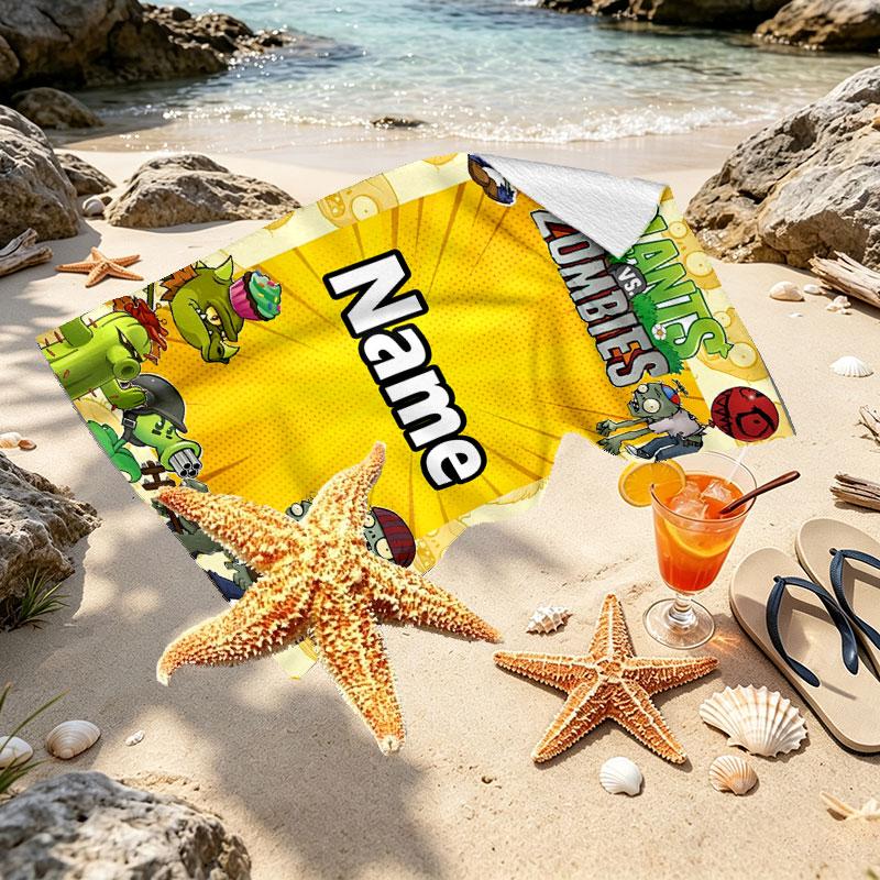 Custom Name Personalized Plants vs. Zombies Print Beach Towel, for Trip Camping Beach Party Home Decor, Birthday Gift for Family & Friends