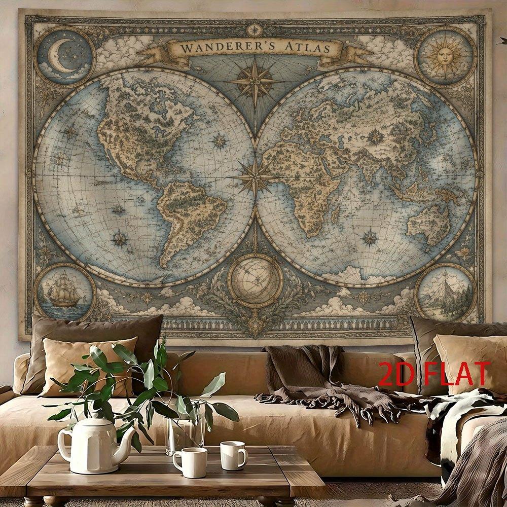 1pc Tapestry Vintage Double Hemisphere World Map Tapestry, Adorned with Compass Roses And Celestial Motifs for Wanderers