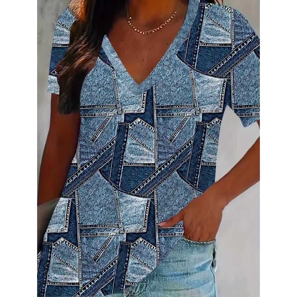 Vintage Floral Summer Fashion Casual Women's T-Shirts 3D Print V-Neck T-Shirt Daily Loose Short Sleeve Tops