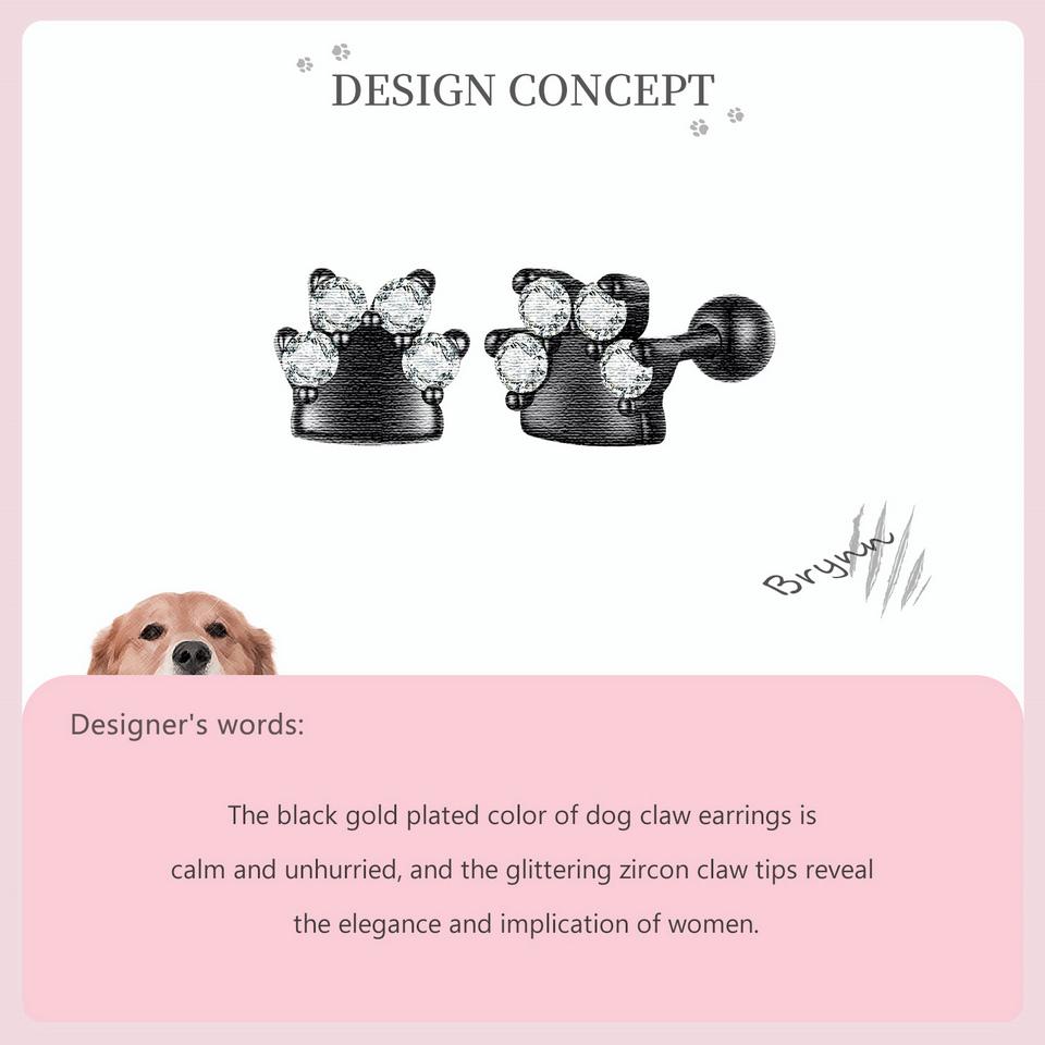 WOSTU 925 Sterling Silver Pink Zircon Pet Dog Paw Stud Earrings For Women Lovely Heart Zircon Ear Studs Birthday Jewelry Gift