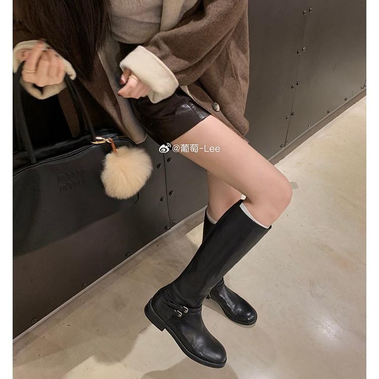 Studiolee Vegetable Tanned Leather Pattern~ Double Buckle with Round Head But Knee Side Zipper Thick Heel Knight Boots Women