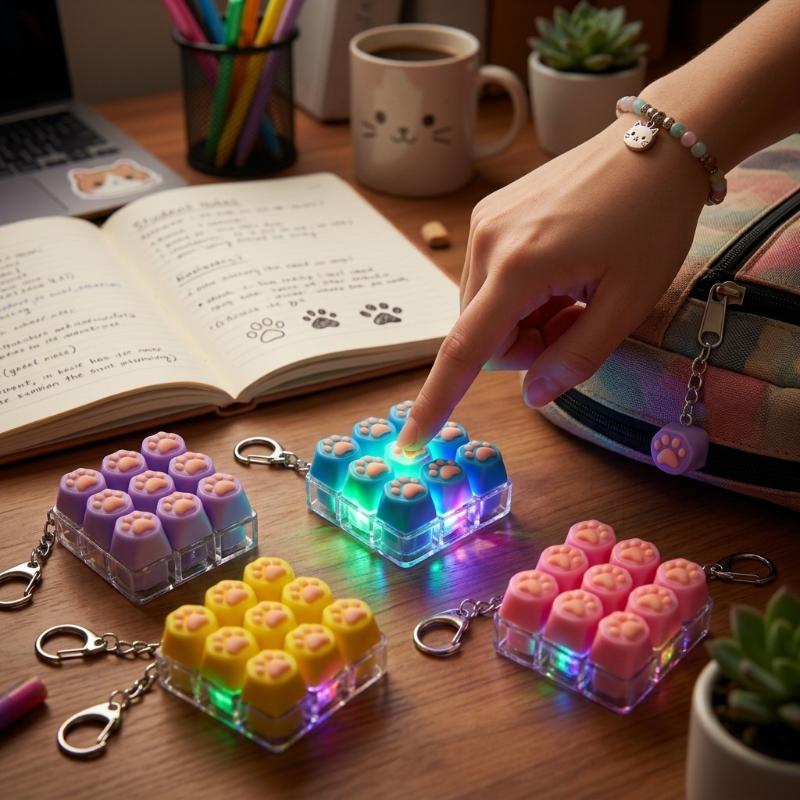 Cute Cat Paw Mini Keyboard Keychain RGB LED Light Stress Relief Backpack Pendant for Valentine's Day Gifts
