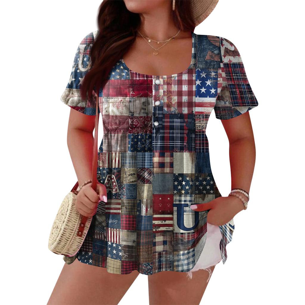 Women's Fashionable Casual Short Sleeve Loose Fit Button Front Printed Blouse