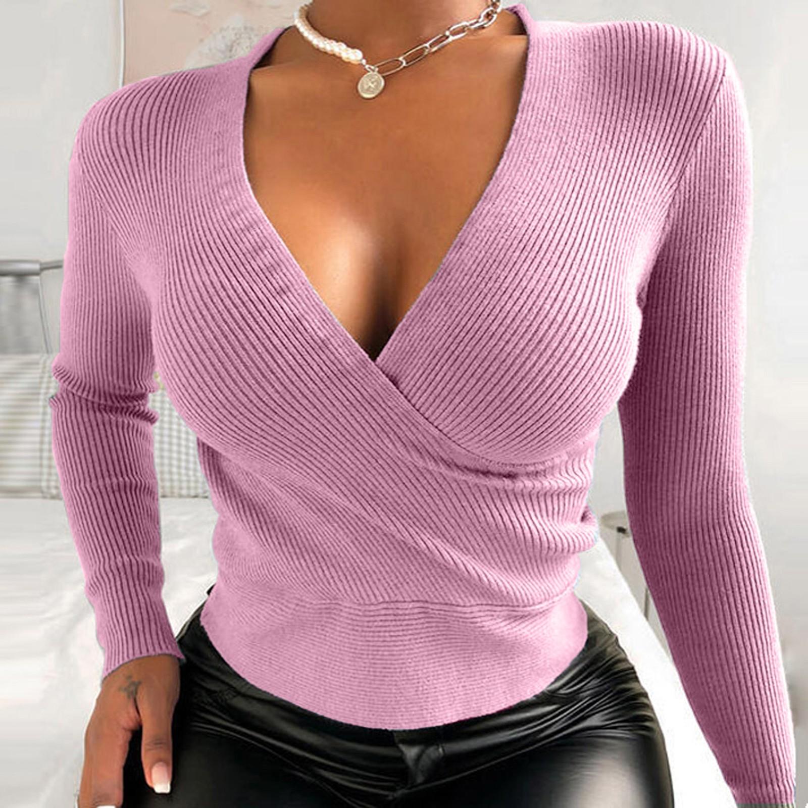 

Женская модная повседневная тонкая однотонная трикотажная футболка с длинным рукавом и V-образным вырезом, топ M розовый