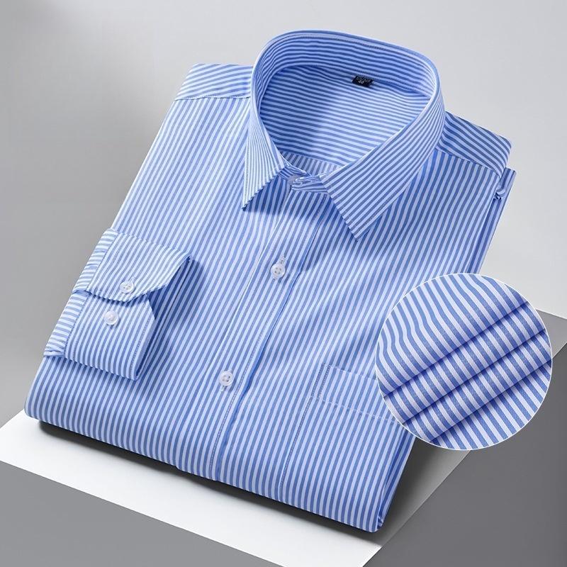 Men Formal Shirt Long Sleeve Office Solid Color Striped Anti-Wrinkle Fashion Business Pocket White Social Shirt Men's Clothing