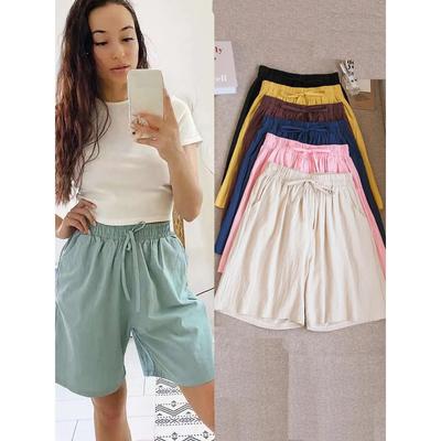 Women Comfortable Wide Leg Pants Drawstring Shorts Elastic Waist Breathable Solid Color Summer