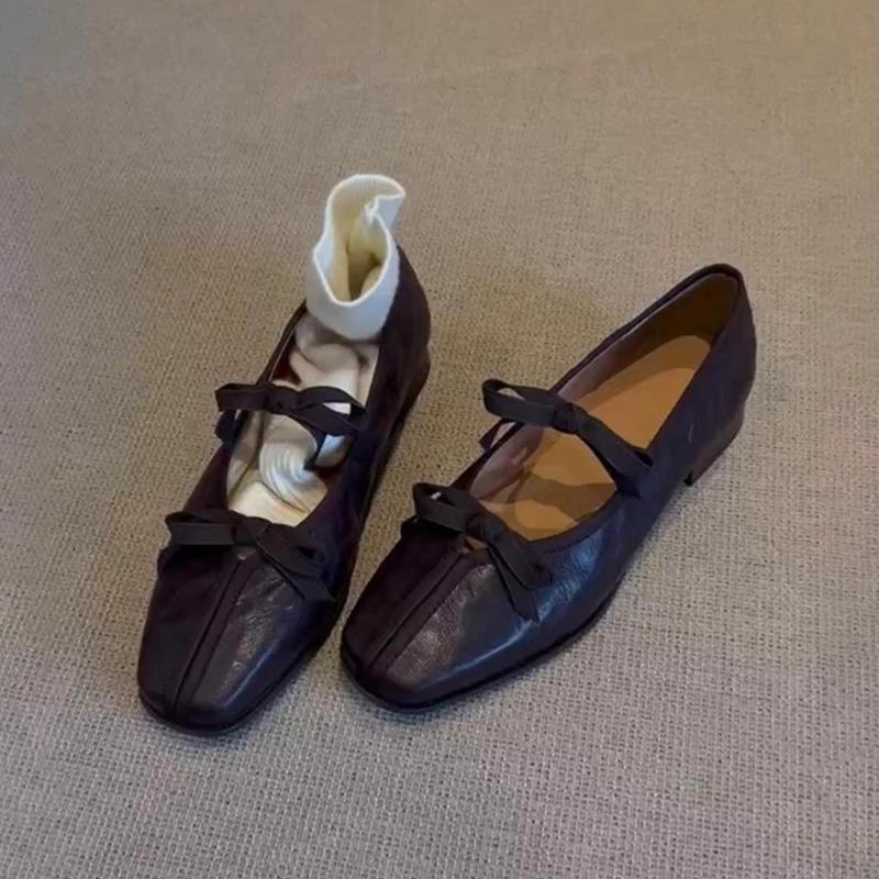 Fashion Mary Shop Spring/Autumn New Retro Women Single Shoes Ballet Bow Square Toe Medium High Heels Casual Shallow Pump Tacones Mujer