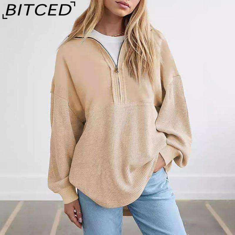 BITCED Women's Fashion Pullover Sweatshirt Fall Solid Color Zipper V-Neck Hoodie
