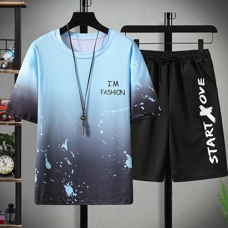 

Мужской комплект с градиентным эффектом из ледяного шелка с коротким рукавом и шортами в корейском стиле 3XL