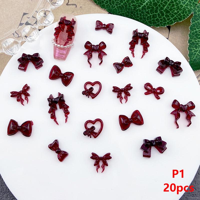 20Pcs Wine Red Resin Bow Nail Charm Bulk Mix Size 3D Ribbon Bowkont Mini Kawaii Nail Art Accessories Diy Cute Nails Decorations