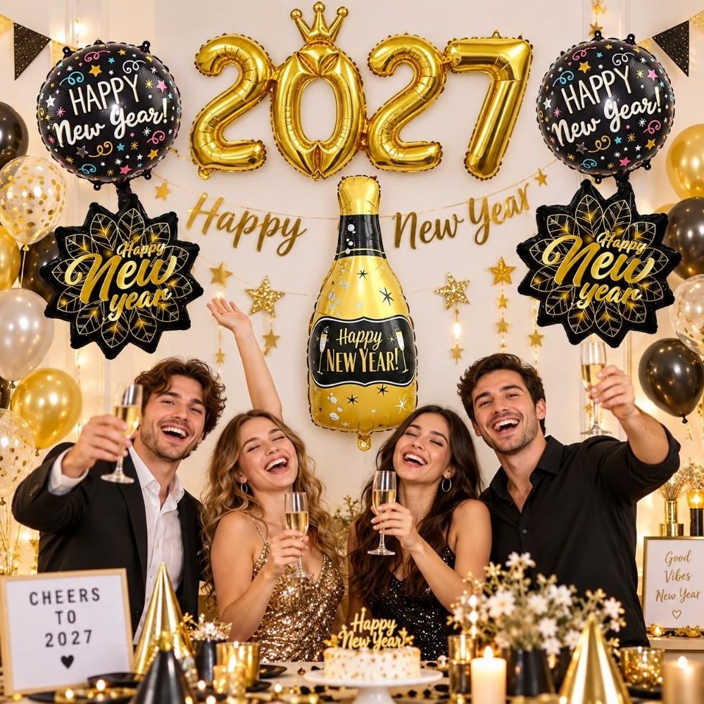 Star Shape Foil Balloon Set Champagne Bottle New Year Balloons New Year Party