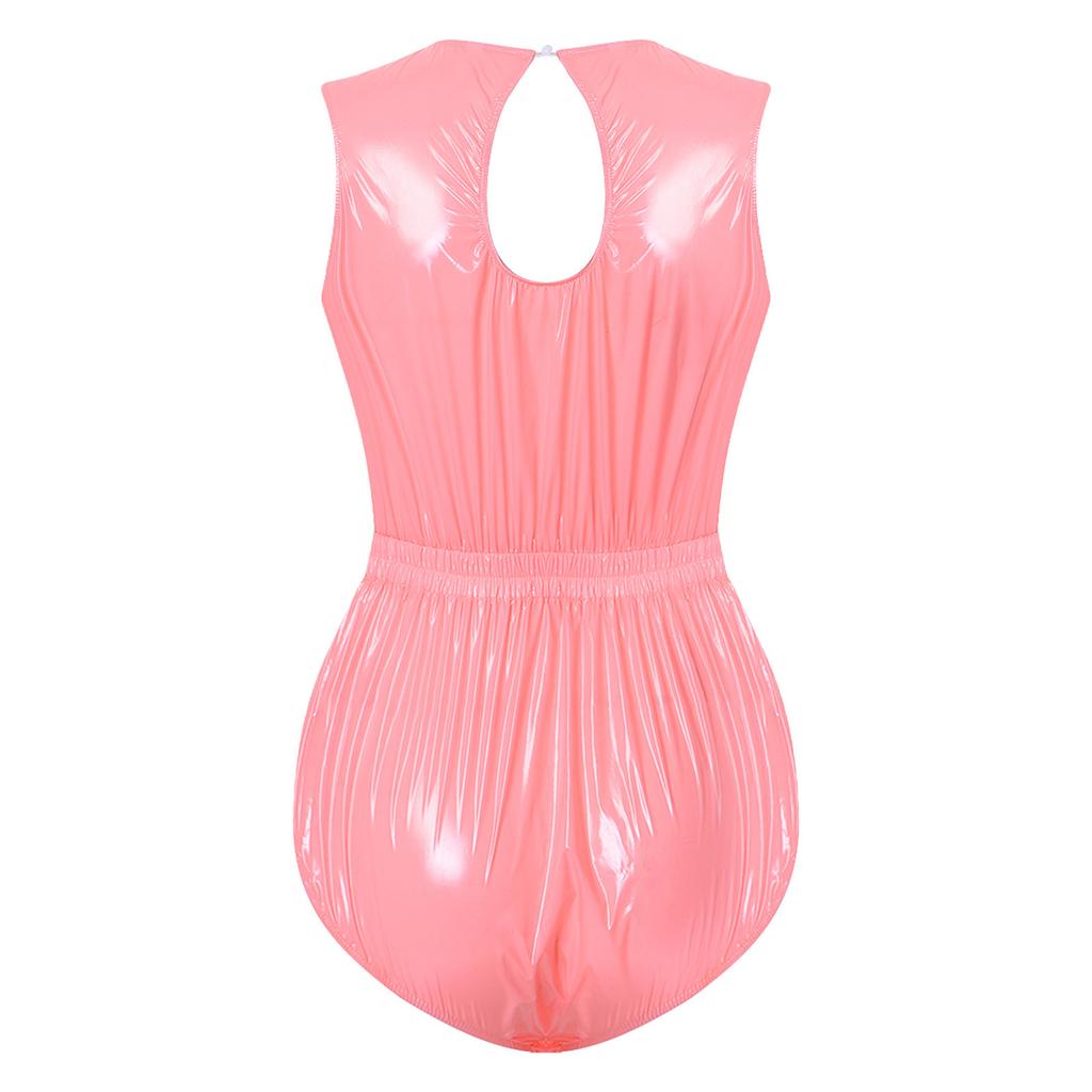 Womens Waterproof Vinyl Sleeveless Back Keyhole Chest Pocket Elastic Waist Button Crotch Leotard