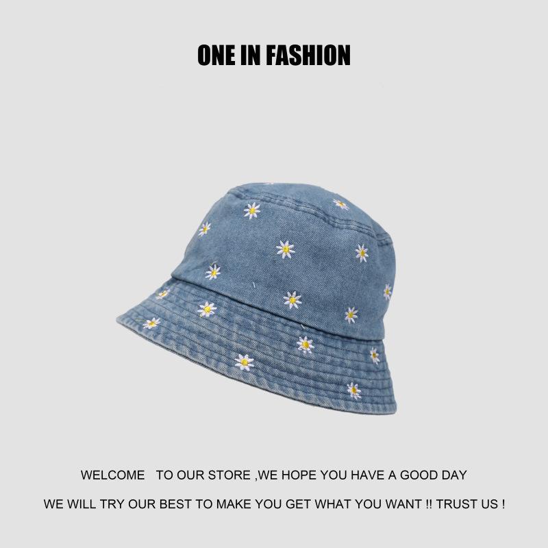 Small Chrysanthemum Embroidered Denim Four Seasons Can Wear Smiley Face Small Face Bucket Hat Women's Sunscreen Sun Hat