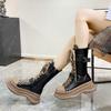 Height Increase Round Toe with Laces Half High Boots for Women Autumn Winter New Rock Fleece-Lined Platform Mid Calf Shoes Woman