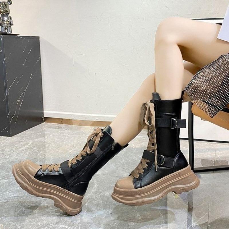 Height Increase Round Toe with Laces Half High Boots for Women Autumn Winter New Rock Fleece-Lined Platform Mid Calf Shoes Woman