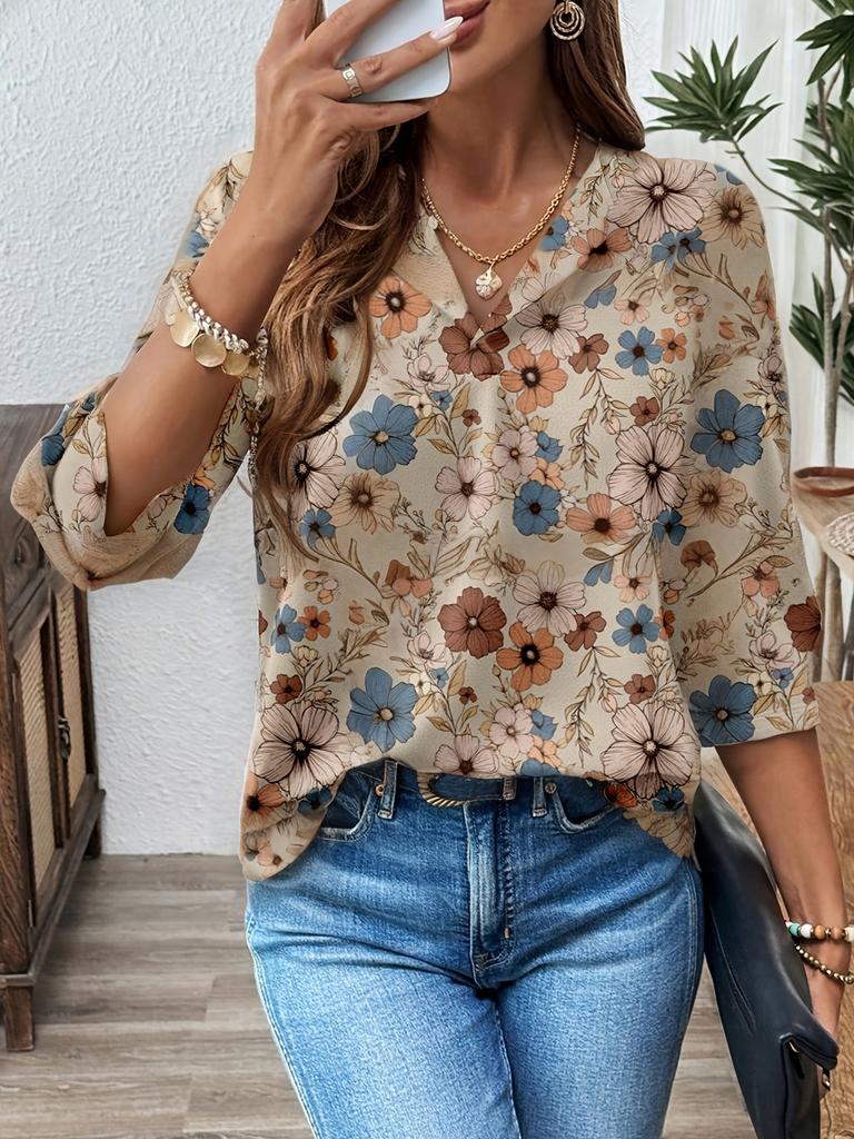 Europe beautiful woman 1116 spring and summer V-neck print casual loose women's shirt casual vacation outing top
