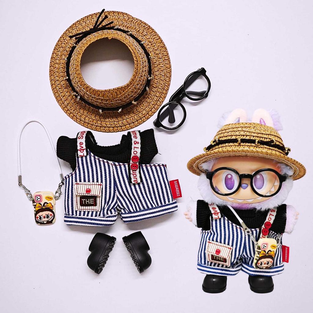 Labubu Doll Clothes Striped Overalls T-shirt Suit Fashion Cute Doll Clothes