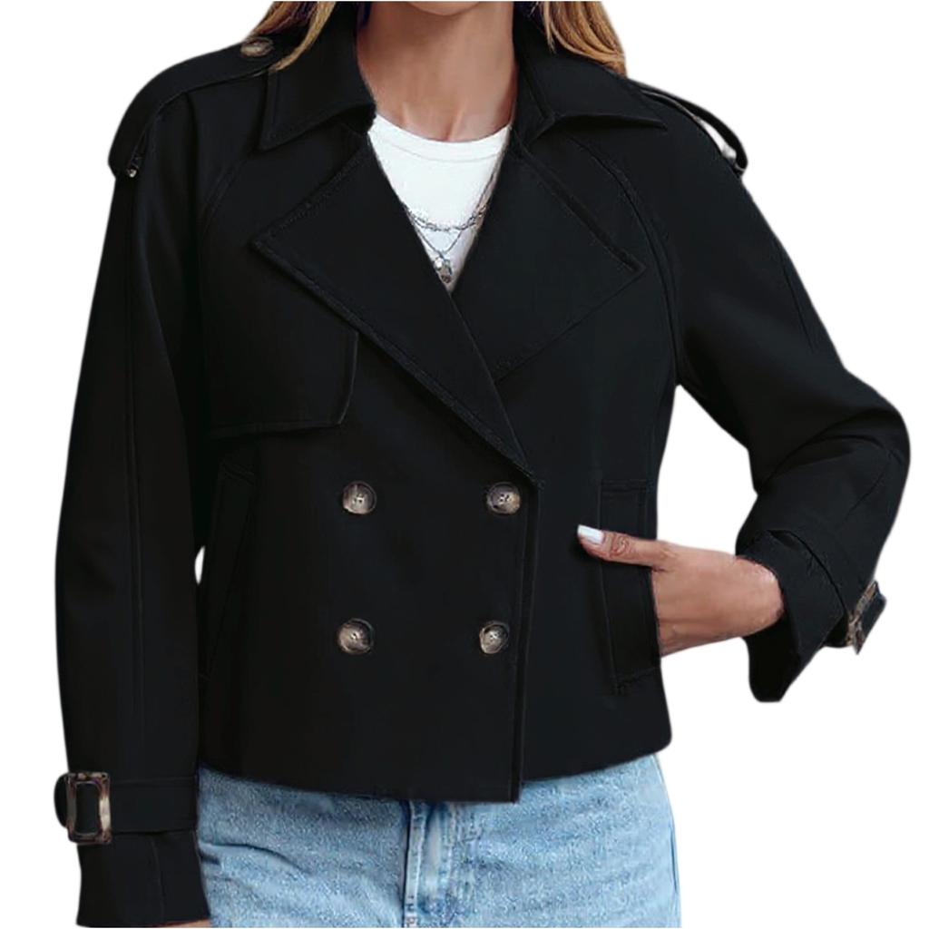 Women's Fashionable Casual Pocket Short Double Breasted Windbreaker Jacket