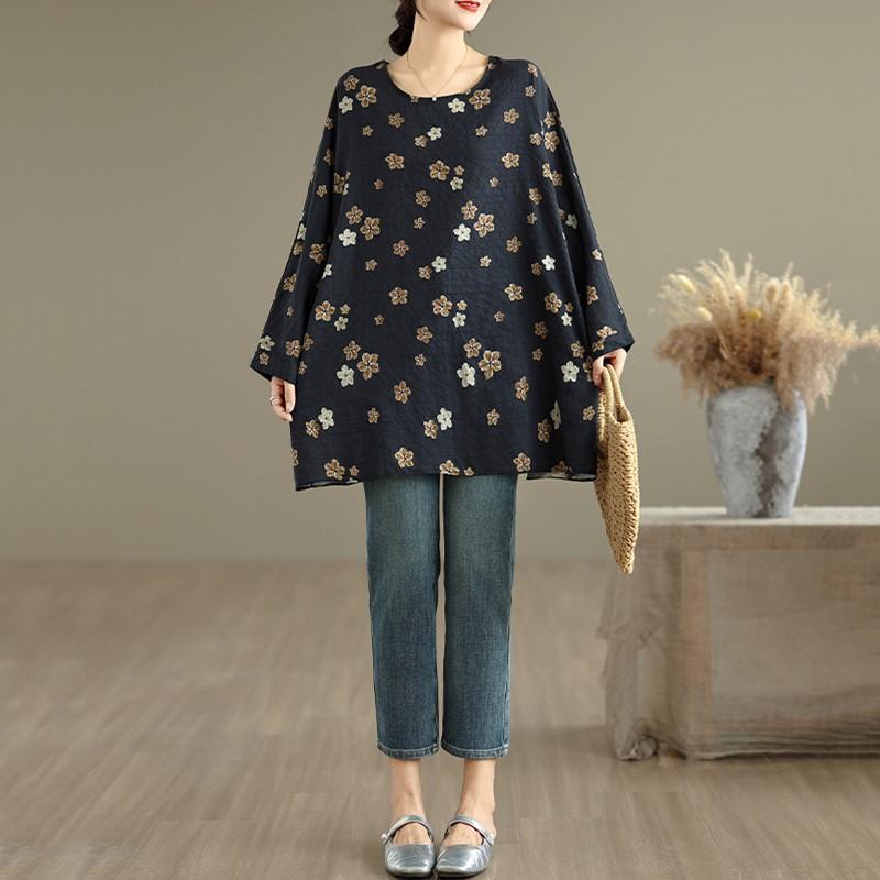 long sleeve Oversized cotton vintage floral Casual loose t shirt tops Women spring autumn t-shirt