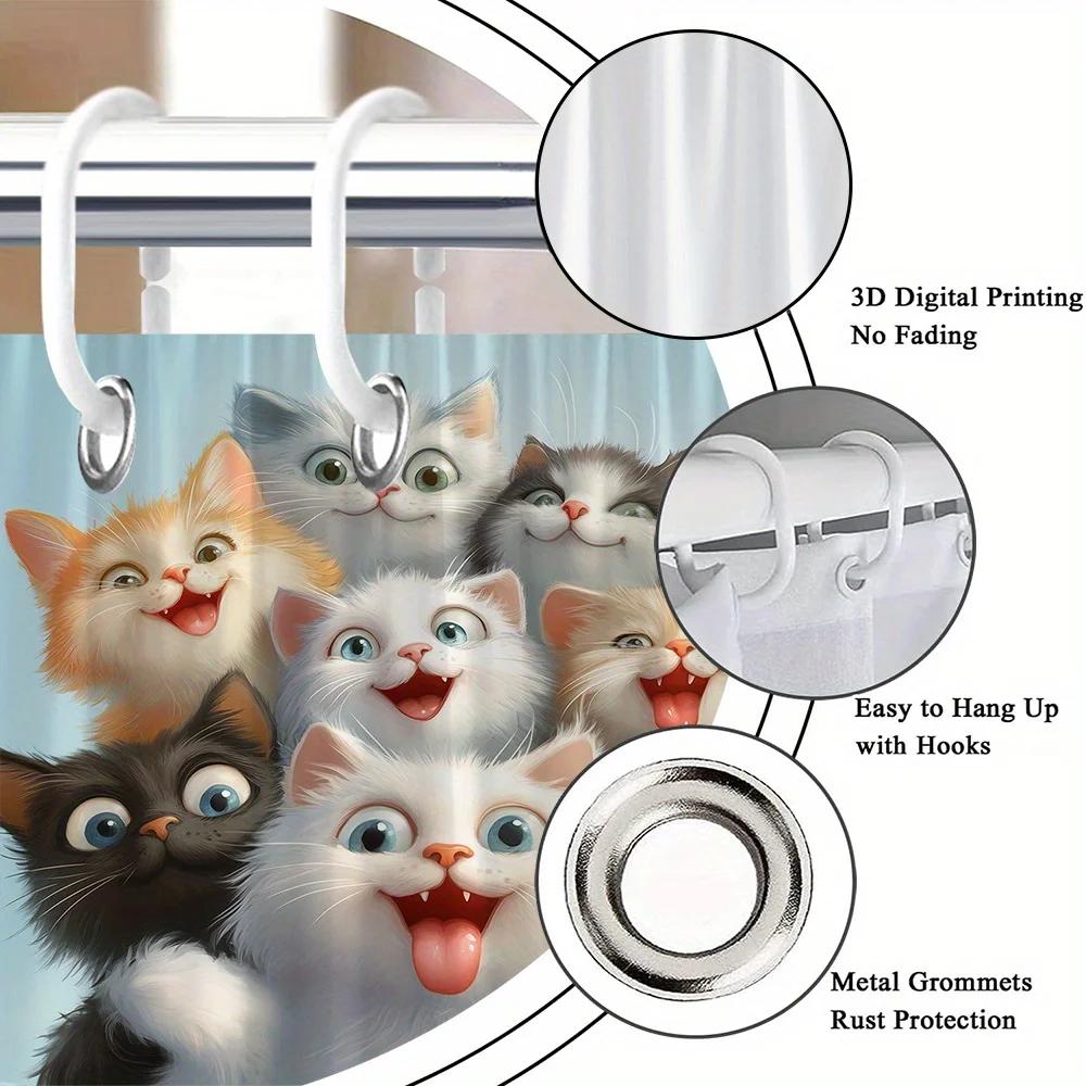 Adorable Cats Shower Curtain - 9 Playful Faces, 12 Hooks, Washable Polyester, Cat Lover Gift