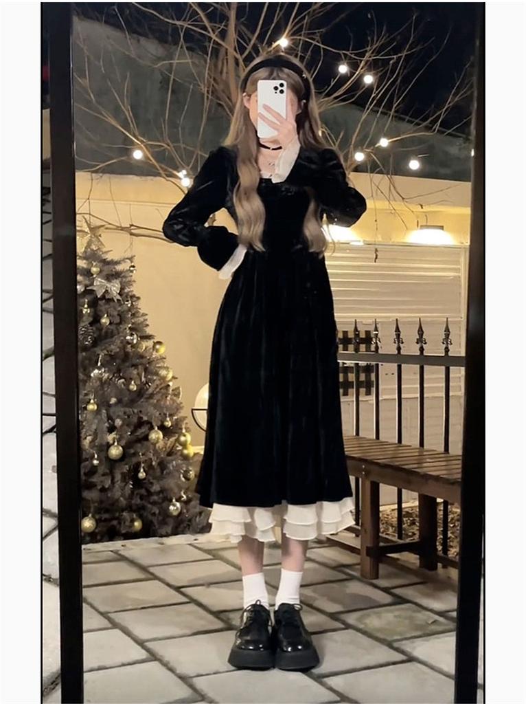 [Original Practice] Hepburn Style Black Velvet Dress Autumn and Winter Women's French Skinny Long Dress