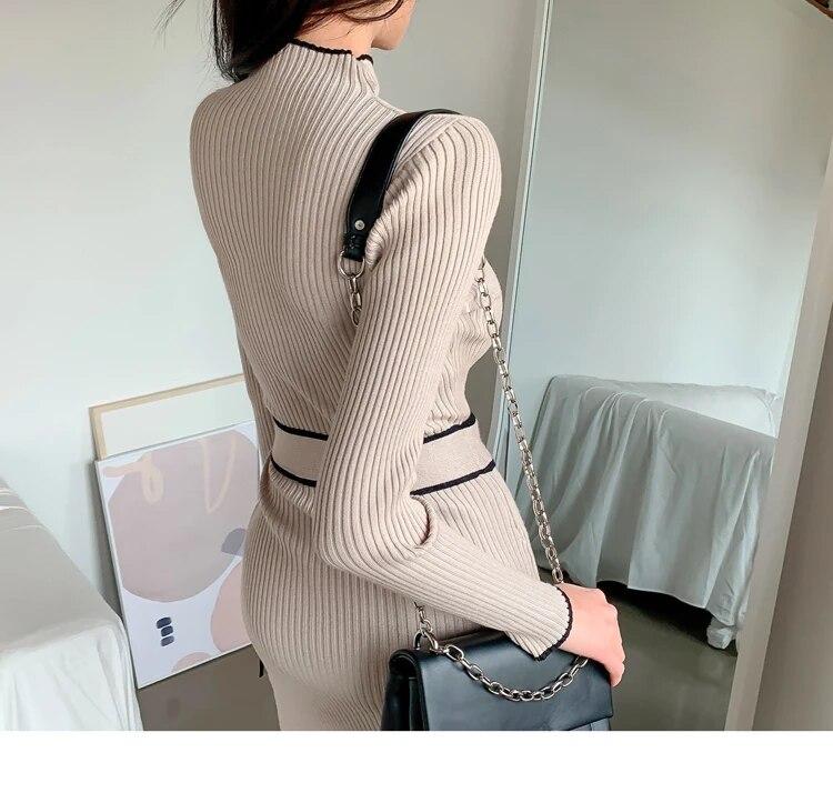 Høst Vinter Koreansk Stil Temperament Kjole Dame Slank midje Snøring Strikket Mid-Lengde Genser Kjole Vestidos