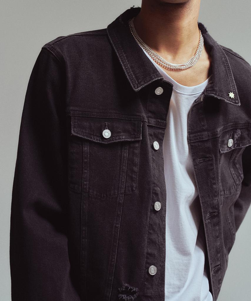 Erer Men Damage Denim Jacket Black