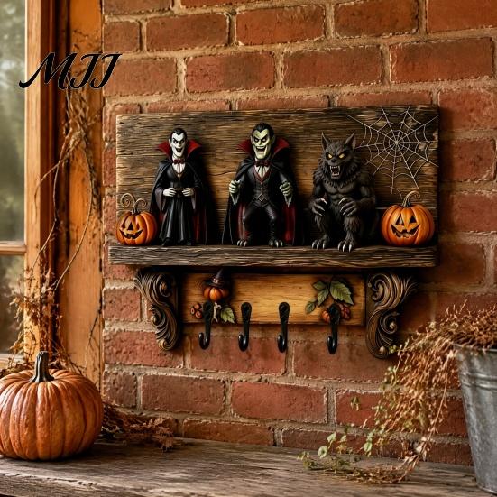 Lightweight Wooden Ghost Decor Halloween Key Holder, Lady Holder with 4 Hooks, Wall Entryway Organizer Rack Mounted Spooky for Hallway Home