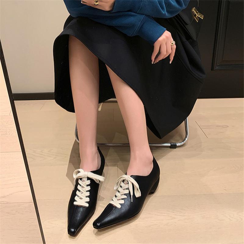 Fashion New Spring Genuine Leather Woman Shoes Pointed Toe Women Pumps Shoes for Women Chunky Heel Lace Loafers Fashion Gladiator Shoes