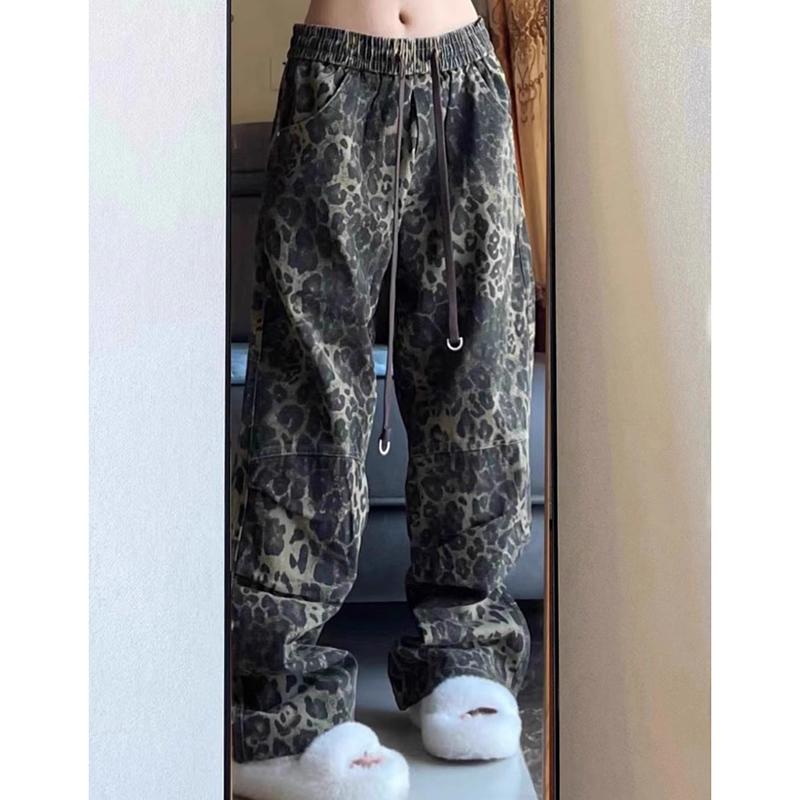 

Винтажные джинсы с широкими штанинами с леопардовым принтом для женщин, модные новые прямые повседневные джинсы в стиле хип-хоп для женщин с высокой талией, элегантные джинсы 25107 L