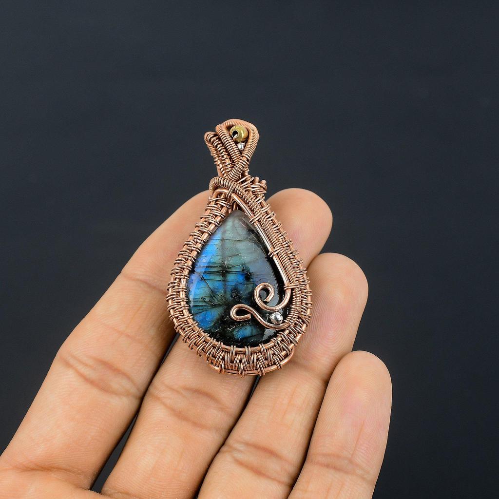 Labradorite Pendant, Handmade Gemstone 999 Copper Wire Wrapped Pendant Antique Jewelry, For Gift Silver Jewelry